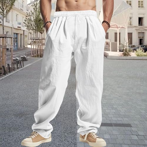 Mens Linen Pants Drawstring Baggy Casual Summer Trousers Straight-Legs Elastic Waist Beach Pants with Pockets 20253