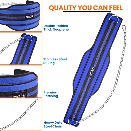 Defy Premium Double Padded Neoprene Dip Belt With 32" Heavy Duty Steel Chain For Power Lifting, Bodybuilding, Strength & Training-Double Stitched (Blue) #TOP2
