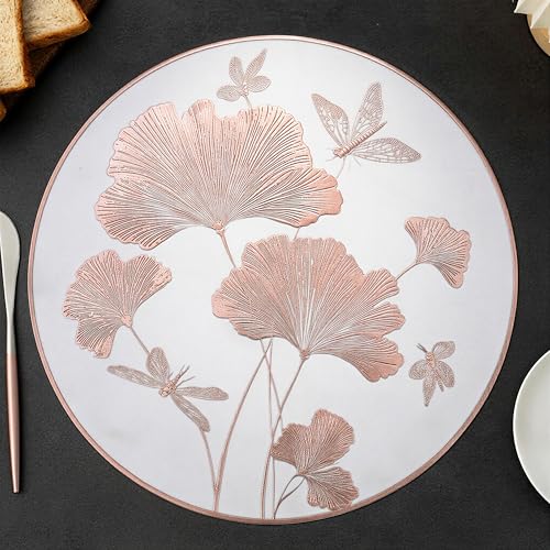 Image of Yellow Weaves 2 Pcs PVC Round Table Placemats, Dining Table Mat, Stain Resistant, Anti-Skid, Waterproof, Washable, Dining, Kitchen, Restaurant Table Set Easy to Clean, Durable (Leaf Rose Gold)