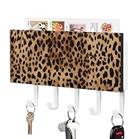 Leopard Patterned Wallpaper Key Holder Rack Hanger Wall Mount Decorative Mail Holder with 5 Hooks Mail Organizer Wall Mounted Adhesive Coat & Key Hooks for Wall Entryway Hallway Kitchen Easy Installat