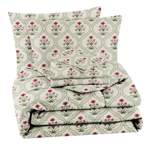 Image of HOMEKART 220 GSM Microfiber 4-Piece Comforter Bedding Set for Double Bed | King Size AC Comforter with Flat Bedsheet (90x100 Inch) & 2 Pillow Covers | Soft, Lightweight & All-Season | Cream & Pink