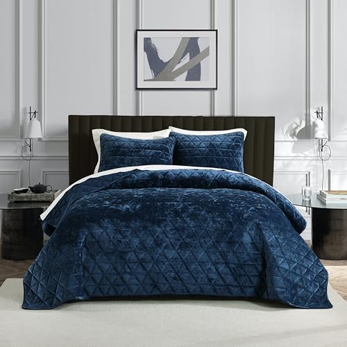 Homzard Velvet Quilt Set Queen Size Bedding Set, Blue Queen
