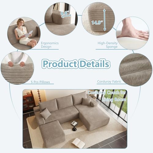 Image of 95 inch Cloud Sectional Couch with Ottoman,Modern U-Shaped Cloud Couch with Deep Seat,Comfy Corduroy Sofa,Memory Foam Sofa for Living Room,No Assembly (Camel,Right-Facing Chaise)