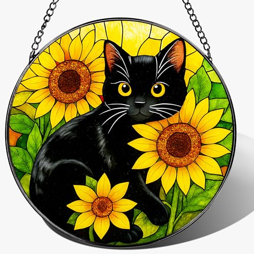 Stained Glass Window Hanging, 8 Inch Black Cat Sun Catcher, Suncatchers for Windows, Sunlight Catcher Glass, Window Hanging Decor, Gifts for Cats Lovers, Mom Gift, Black Cat Decor Gifts