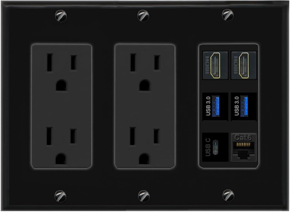 RiteAV 2 HDMI USB 3.0 Type C Cat6 RJ45 Ethernet Wall Face Plate - 3 Gang 2 Outlet [Black/Black]