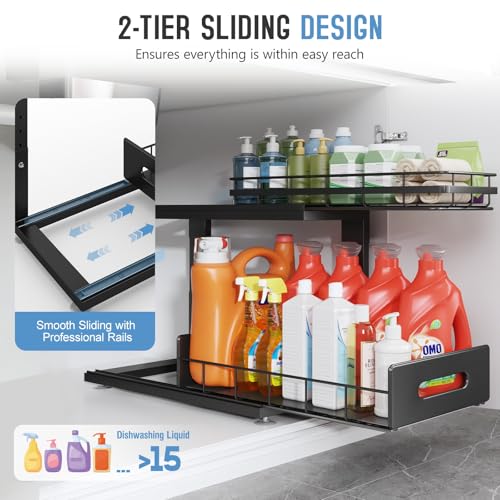 Image of Under Sink Organizer Upgrade To Professional Rails,2-Tier Dual Pull Out Cabinet Storage,Height Adjustable Slide Out Drawers For Bathroom Kitchen,2 Pack-18.5 inchDx12.8 inch-16.9 inchH,Black