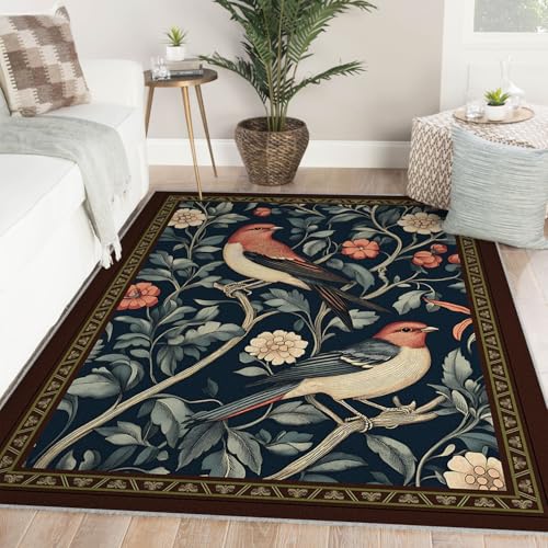 Tapis poil bas 160x230 vintage oiseau et fleur pour une entrée style nature