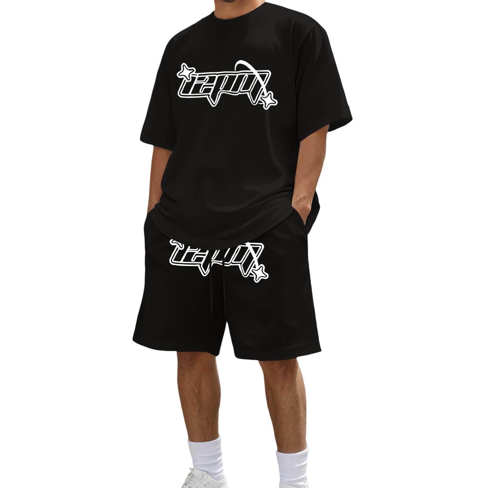 Conjunto Hombre de Verano para Hombre, Moderno, con Estampado de Letras, Informal, de Moda, de Talla Grande, Transpirable, de Manga Corta y Pantalones Cortos.