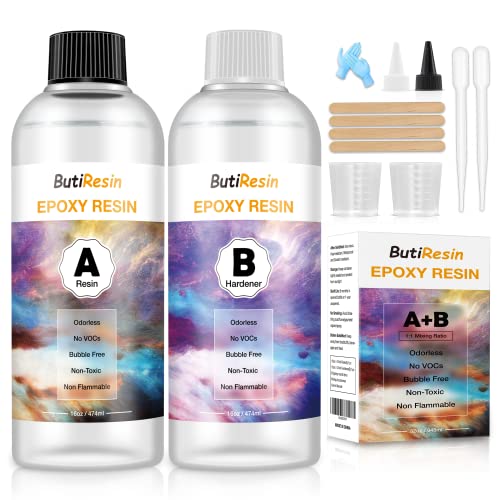 Liquid Glass Casting Resin Crystal Clear Deep Pour Epoxy Resin,Self Leveling,UV Heat Resistant,ButiResin(32oz) Epoxy Resin Kit Easy Mix 1:1 Supplies for Keychain Jewelry River Tables Tumblers Molds