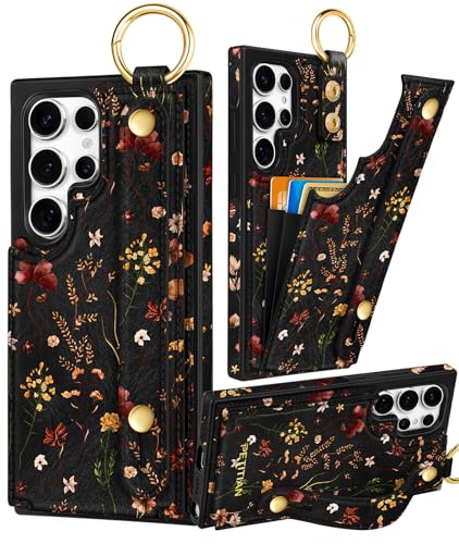 Petitian for Samsung Galaxy S22 Ultra Case with Wallet - Women Girls Cute Girly Aesthetic Unique Design Leather Credit Card Holder Cardholder Stand Wristband for S22 Ultra Grow Flower