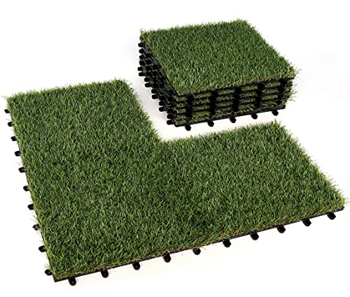 KIVATA 9 PCS Artificial Grass Turf Tile (1x1 ft, 1 in Pile Height) Grass Tiles - Soft Pet Turf Grass Mat, Artificial Grass Tiles Interlocking Self - Garden Flooring DÃ©cor