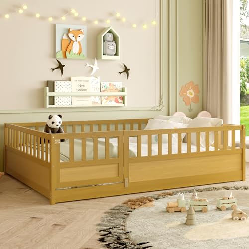 Bellemave Full Floor Bed with Slats, Full Size Floor Beds with High Fence and Door, Montessori Floor...