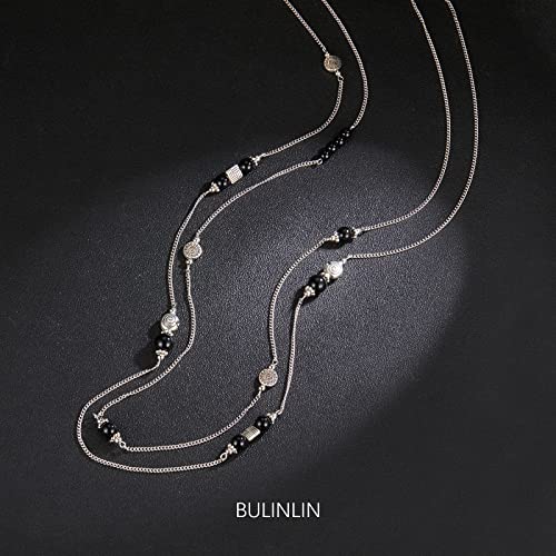 Bulinlin Layered Silver Long Necklace For Women Turquoise Stone Beaded Strand Sweater Chain Necklaces Fashion Costume Jewelry Gifts For Mom(Black) #TOP1