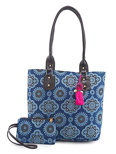 NEPRI Vegan Leather Handmade Bag For Women | Pouch Tote Bag | Printed Ajrakh - Fresco Indigo | Set Of 2