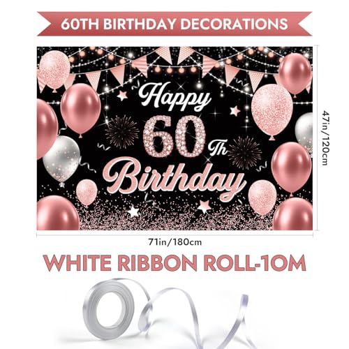 Image of 60th Birthday Decorations for Women - Happy 60th Birthday Banner Decorations Cheers to 60 Years Birthday Party Indoor and Outdoor Decoration Suppiles Pink Backdrop for 60th Birthday Party Favors Decor