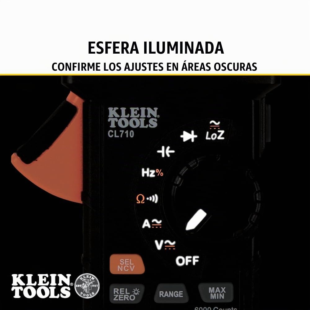 Klein Tools CL710 Pinza Amperimétrica Digital 600A AC/DC | Multímetro de Pinza TRMS Auto Rango Profesional | Voltaje Resistencia Frecuencia Capacitancia | NCV LoZ Prueba de Continuidad CAT III