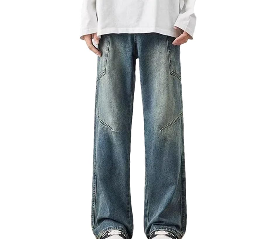 Men’S Loose Fit Multi-Pocket Cargo Jeans with Zipper Fly Mid Waist Punk Style Distressed Denim Pants