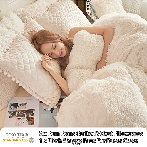 Image of LIFEREVO Luxury Plush Shaggy Duvet Cover Set, Soft Velvet Fluffy Furry Duvet Cover Set(1 Ivory Faux Fur Fuzzy Comforter Cover+2 Pompoms Pillowcases)Solid Bedding Set, Zipper Closure(King, Light Beige)