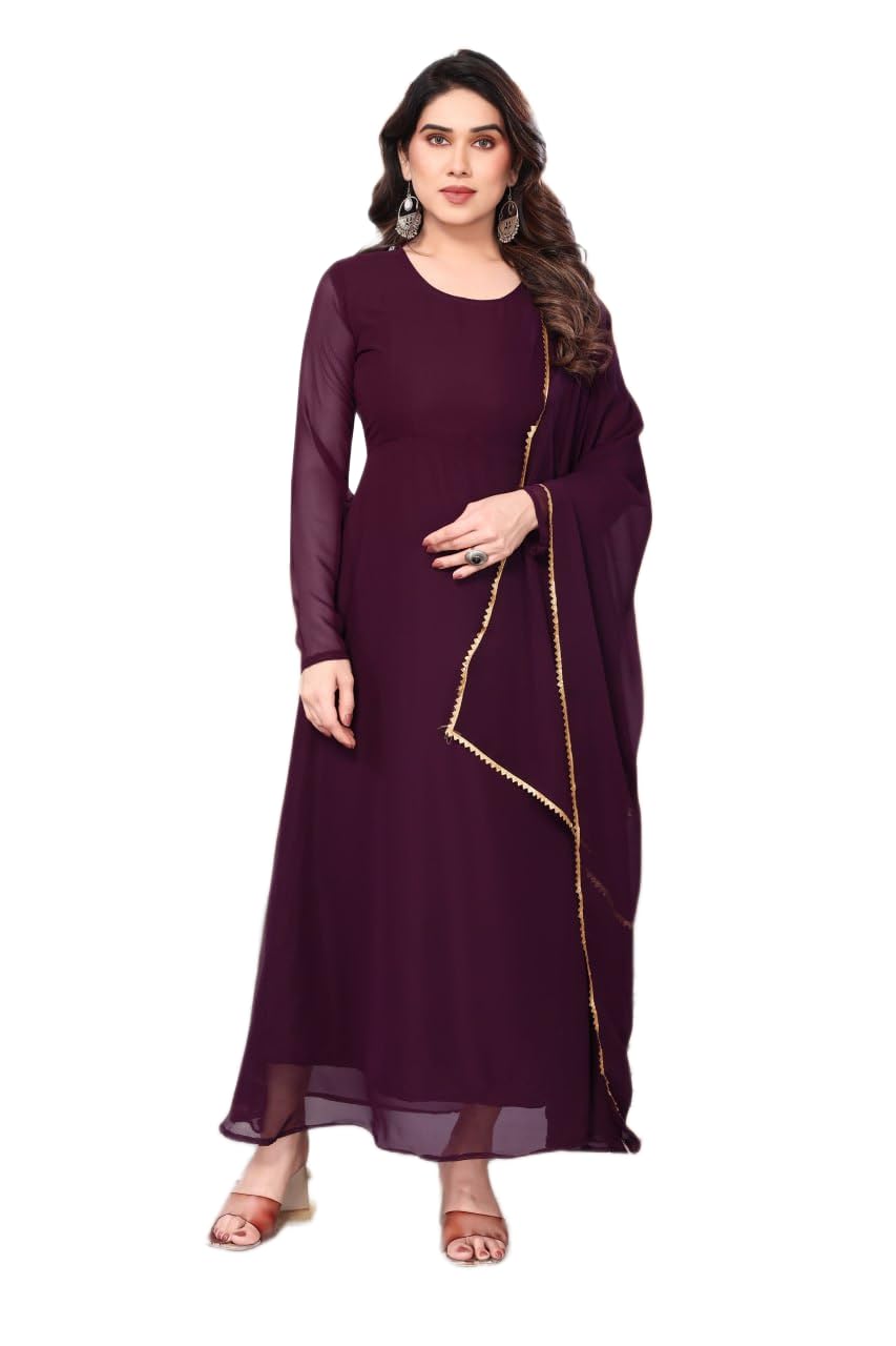 Womens Georgette Full Sleeves Round Neck Gown Featuring Solid Design with Pants and Border Trim Design Dupatta 3 Piece Ethnic Wear-image-27