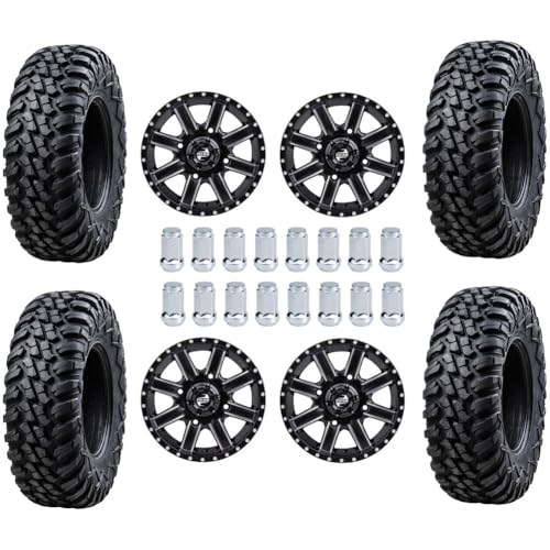 Four 30x10-14 Tusk TERRABITE 8-Ply Radial UTV Tires mounted on Tusk CASCADE Wheels - CAN-AM MAVERICK DEFENDER COMMANDER - Includes Lug Nuts (4+3 Wheel Offset, Machined/Black)