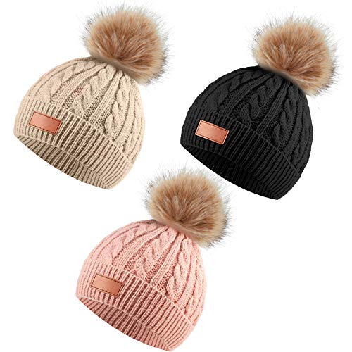 Image of 3 Pieces Kids Knitted Woolen Hat Winter Warm Pom Beanie Cap With Detachable Pom for 1-3 Years Old Girls Boys