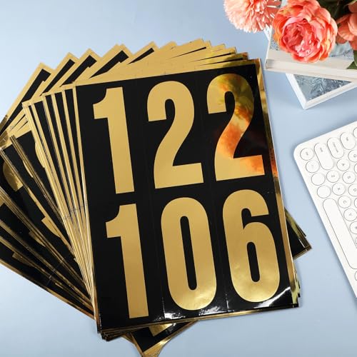 Image of Tenare 96 Pcs Vinyl Number Stickers 0-9 Reflective,6 Inch,Gold in Black | Waterproof Self Adhesive for Mailbox Address, Door Signs, Trash Cans, Trucks, Outdoor Home Business Use, Durable Vinyl