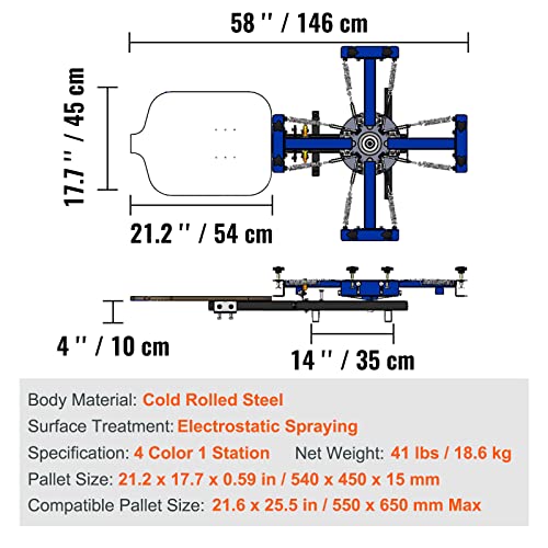 VEVOR Screen Printing Machine, 4 Color 1 Station 360° Rotable Silk Screen Printing Press, 21.2x17.7in / 54x45cm Screen Printer Press, Double-Layer Positioning Pallet for T-Shirt DIY Printing by VEVOR - Image 7