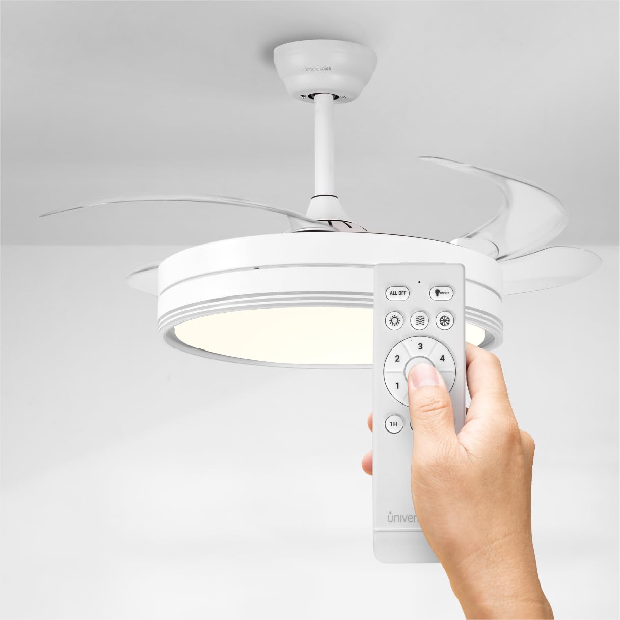 UNIVERSALBLUE VITRIMUR | Ventilador de Techo con Aspas Retráctiles | 6 Velocidades |Luz LED| Motor DC | Silencioso | Modo Invierno | Temporizador | Mando Incluido | Facil De Montar (Blanco)