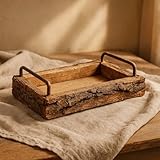 STUWU Rustikales Naturholz-Tablett mit echter Baumrinde – Vintage Landhaus Deko Tablett mit Metallgriffen – Echtholz Unikat 25×14×3 cm für Kerzen, Bad & Wohnaccessoires