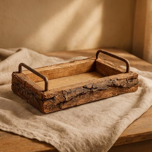 STUWU Rustikales Naturholz-Tablett mit echter Baumrinde – Vintage Landhaus...