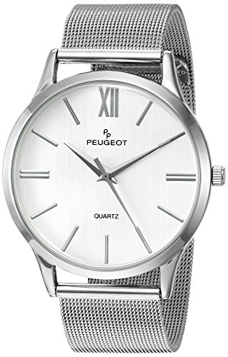 Peugeot Men's Stainless Steel Slim Case Watch with Mesh Band - Silver Dial