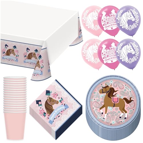 Saddle Up Horse & Floral Party Pack - Paper Plates, Napkins, Cups, Table Cover, and Balloons Set (16 Plates, Napkins, & Cups)