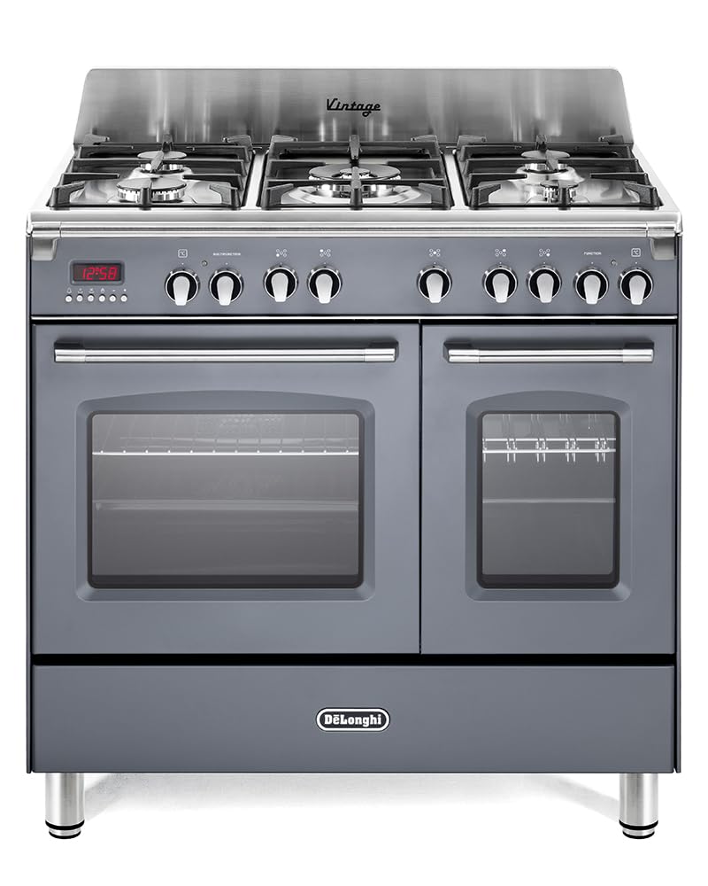 De'Longhi MEM 965T GX ED Gas Cooker 90 cm Double Electric Multi-Function Oven 5 Burner Vintage Design Slate Grey Energy Class A