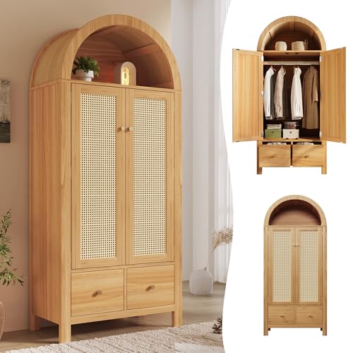 Yihomfy 78x45x181 cm Armoire Chambre 2 Portes, Armoire Penderie avec 2 Tiroirs, Armoire Penderie Chambre, Tressage en Rotin, Etagère Semi-Circulaire Ouverte,...