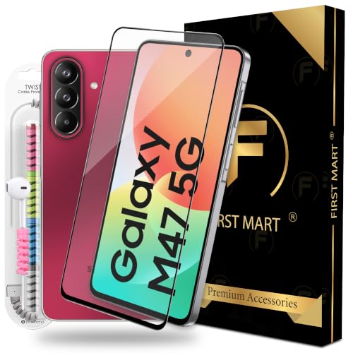 Image of FIRST MART Tempered Glass for Samsung Galaxy M47 5G, 9H 0.3 mm Full-Glue Screen Protector with Cable Protector, 3D Edge-to-Edge, HD Clear, Case-Friendly, Black, Pack of 1