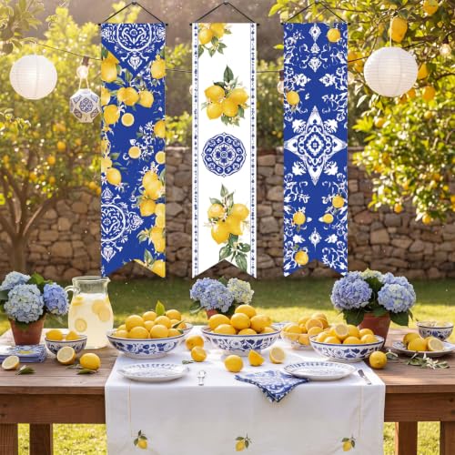 Image of Chiisong 3 Pcs Capri Lemon Party Decorations Banners Amalfi Coast Porch Signs Mediterranean Yellow Blue Hanging Flags Photo Props Backdrop for Outdoor Wall Yard Birthday Bridal Shower Italian Summer