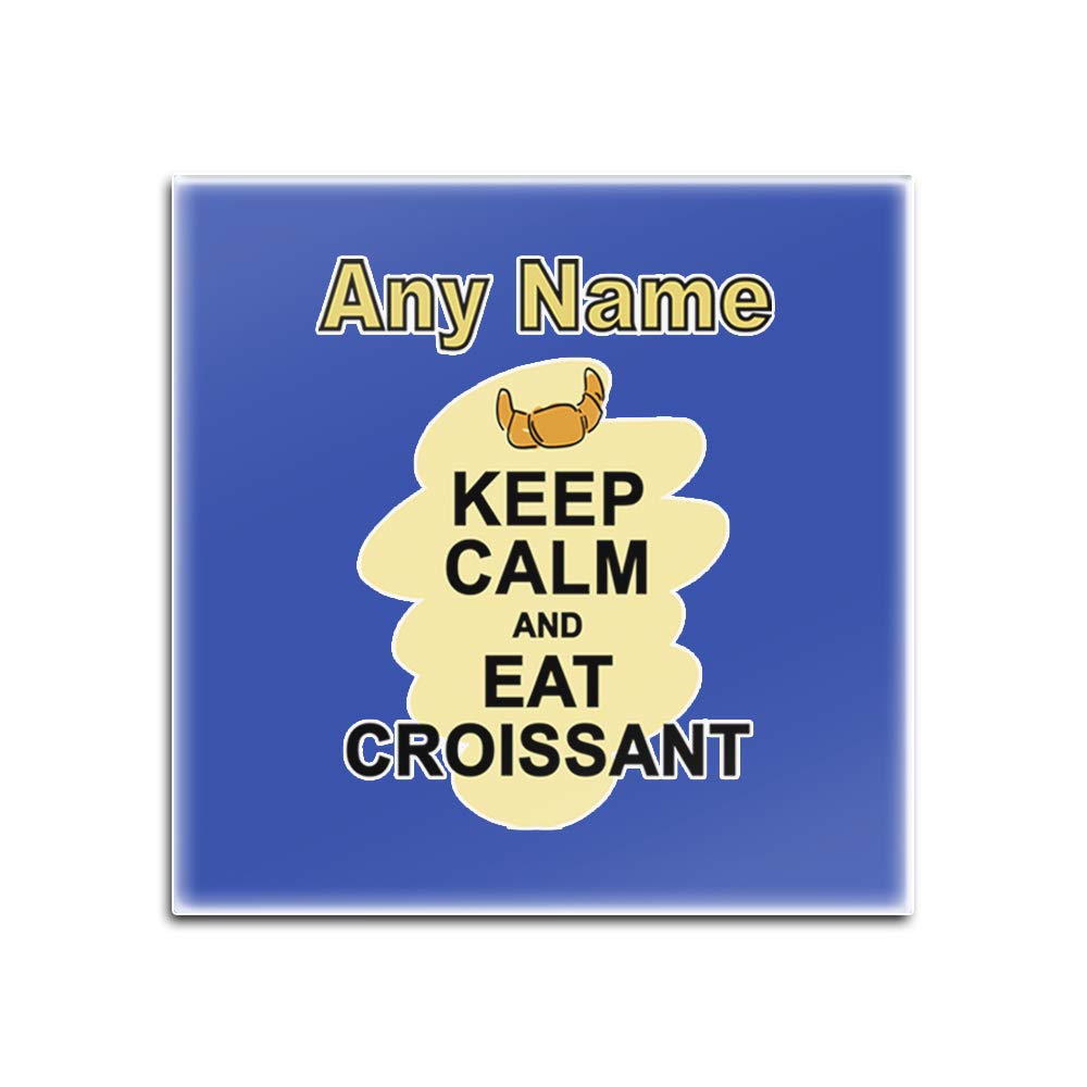 UNIGIFT Personalised Gift - Keep Calm Eat Croissant Square Glass Coaster (Food Design Colour) Any Name Message Unique Mat Pad - Carry Poster Party Diet Snack Cake Chocolate Chips Fruit Cream Pizza