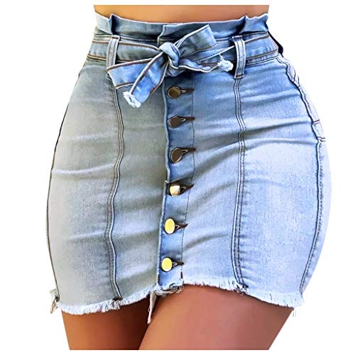 Jupe Short Femme Mini Courte éVaséE Taille éLastique Haute pour Casual Jupe en Jean Skinny Bouton Sexy pour Femmes Casual Couleur Unie à Lacets Slim Upskirt(Light Blue,S) Cover