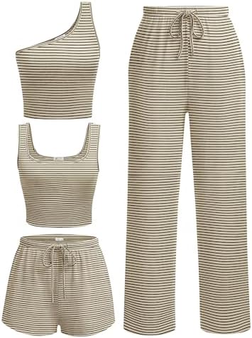 Ekouaer Womens 4 Piece Lounge Sets Ribbed Knit Crop Tank Top and ...
