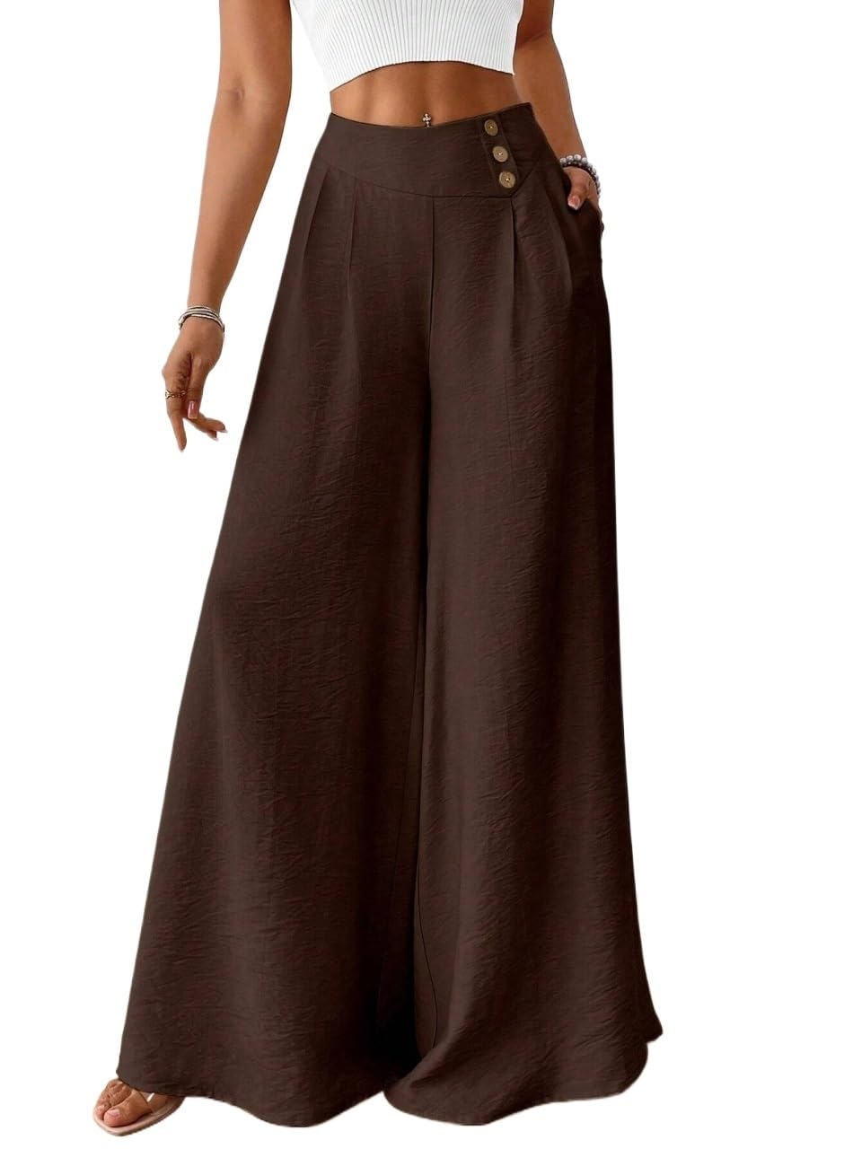 Womens Solid Color High-Waist Button Wide-Leg Loose Long Pants for Women