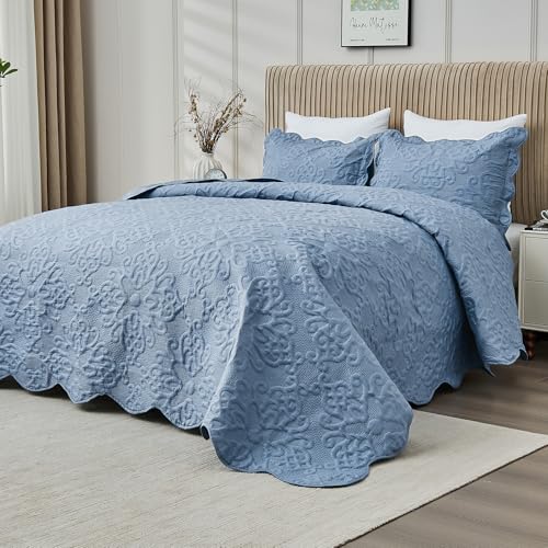 Image of Oversized California King Bedspreads 120x120 for Extra Tall Split Cal King Bed Lightweight Quilted Coverlet Set 3 Pieces 1 Quilt 2 Pillow Shams Faded Denim