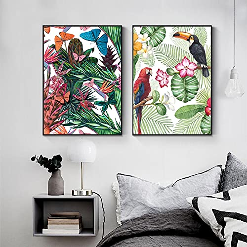 Toile flore faune papillon perroquet impression haute definition style classique x2