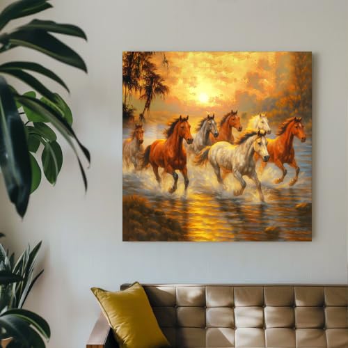 Image of PAINTINGMANTRA 7 Running Horses Vastu Stretched Canvas Painting For Living Room Seven Horses Vastu Wall Art Painting Symbol of Success Wall Art for Home & Office, 22x22 Inch