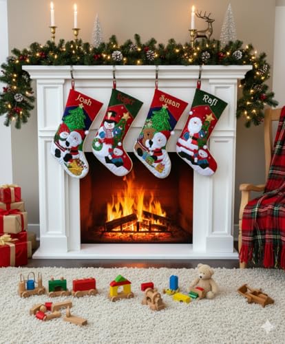 Applique Cartoon Christmas Stocking: Family Fireplace Mantel Stockings, Custom Embroidery,