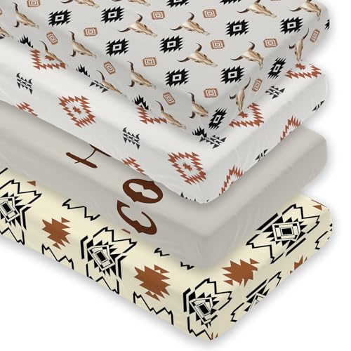 Image of 4 Pack Western Crib Set for Baby Boys, Soft Breathable Fitted Crib Sheet 28 x 52 in, Aztec Cowboy Nursery Decor for Standard Crib and Toddler Bed Mattresses