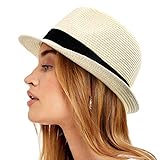 Womens Straw Hat Short Brim Panama Fedora Beach Sun Trilby Hat for Vacation Gentlemen Roll Up Summer