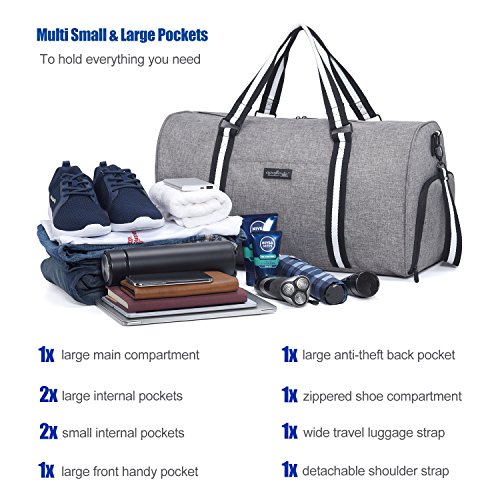 apollo walker Water Resistant Sports Gym Duffel Bag with Shoes Compartment Travel Weekender Bag for Men Women Grey