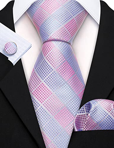 Image of Barry.Wang Plaid Ties Check Mens Necktie Set with Handkerchief Cufflinks Classic Stripe