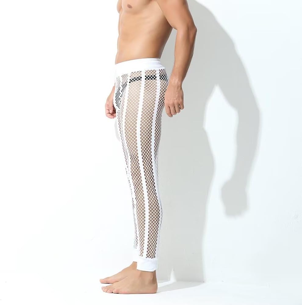 Men's Fishnet Pants Striped Mesh Muscle Legging Trousers Drawstring See Through Fitness Lounge Tights Bottoms