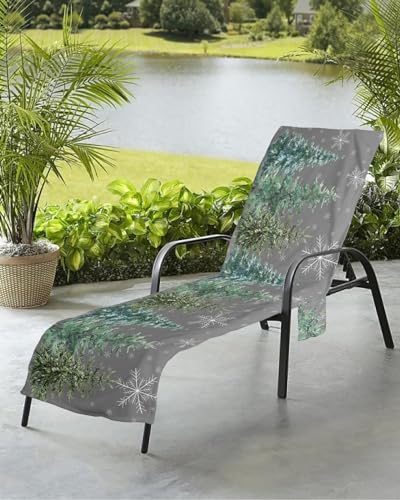 Forest Christmas Tree Beach Chair Towel Covers for Chaise Lounge With Side Pocket, Soft Plush Pool Towels Cover for Patio Sunbathing Outdoor 29''x85'' Winter Snowflake Watercolor Grey